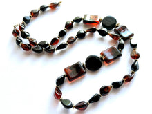 Load image into Gallery viewer, Tortoise Shell long vintage necklace, brown black acrylic beaded statement necklace, everyday neutral chunky layering vintage necklace