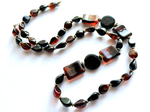 Tortoise Shell long vintage necklace, brown black acrylic beaded statement necklace, everyday neutral chunky layering vintage necklace