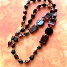 Load image into Gallery viewer, Tortoise Shell long vintage necklace, brown black acrylic beaded statement necklace, everyday neutral chunky layering vintage necklace