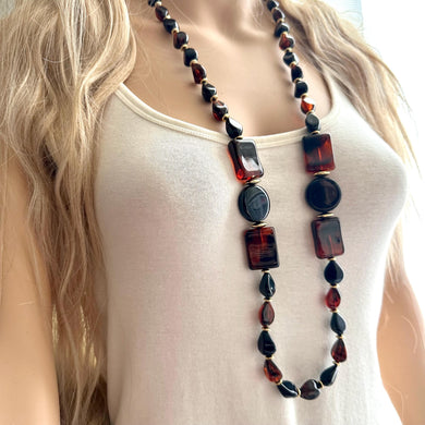 Tortoise Shell long vintage necklace, brown black acrylic beaded statement necklace, everyday neutral chunky layering vintage necklace