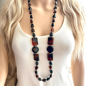 Tortoise Shell long vintage necklace, brown black acrylic beaded statement necklace, everyday neutral chunky layering vintage necklace