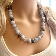 Load image into Gallery viewer, Smoke &amp; Clouds Gray Chunky Statement Necklace single Strand Beaded jewelry, bridesmaid bib wedding, gray bubble necklace silver