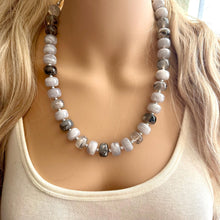 Load image into Gallery viewer, Smoke &amp; Clouds Gray Chunky Statement Necklace single Strand Beaded jewelry, bridesmaid bib wedding, gray bubble necklace silver