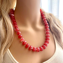 Load image into Gallery viewer, Fiesta Red Candy Statement Necklace, resin chunky multi-strand jewelry, light red white necklace, single strand silver thick layering