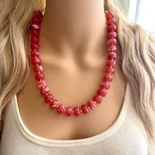 Load image into Gallery viewer, Fiesta Red Candy Statement Necklace, resin chunky multi-strand jewelry, light red white necklace, single strand silver thick layering