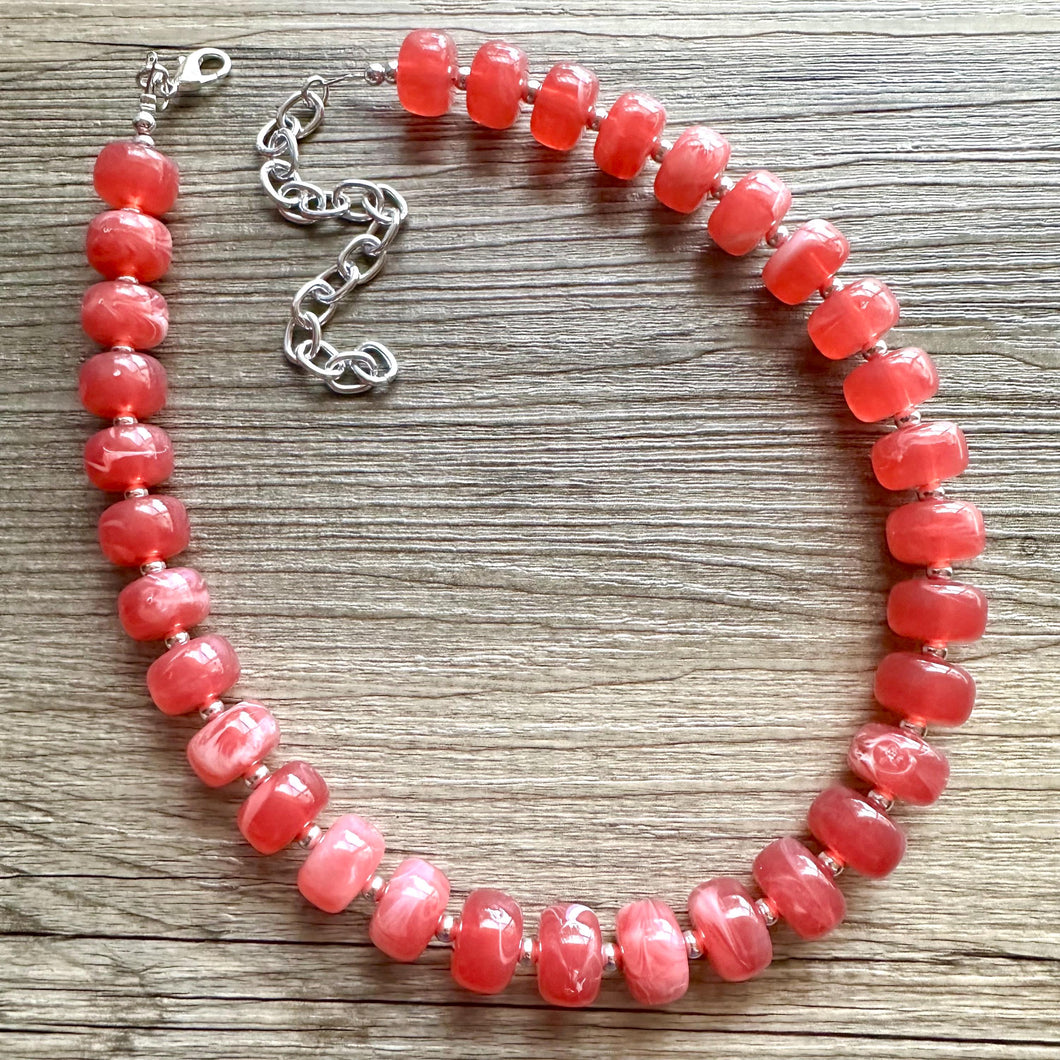 Fiesta Red Candy Statement Necklace, resin chunky multi-strand jewelry, light red white necklace, single strand silver thick layering