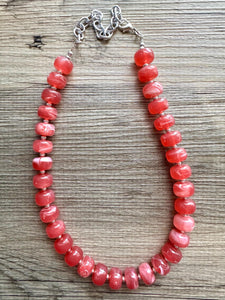 Fiesta Red Candy Statement Necklace, resin chunky multi-strand jewelry, light red white necklace, single strand silver thick layering