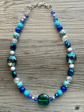 Load image into Gallery viewer, Blue Green Stream Chunky Statement Necklace, single strand bib beaded jewelry, navy blue color block necklace, turquoise aqua forest jewelry