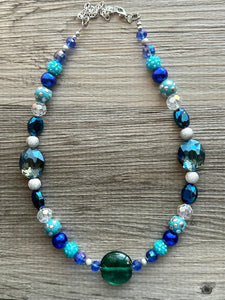 Blue Green Stream Chunky Statement Necklace, single strand bib beaded jewelry, navy blue color block necklace, turquoise aqua forest jewelry