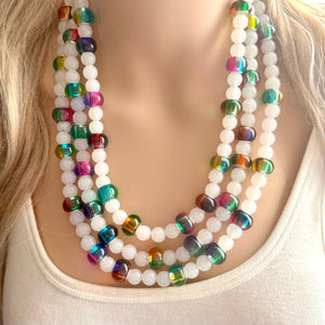 Colorful Kaleidoscope Beaded Necklace, Colorful Jewelry, Chunky statement necklace, big beaded rainbow jewelry white glass collar bib