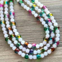 Load image into Gallery viewer, Colorful Kaleidoscope Beaded Necklace, Colorful Jewelry, Chunky statement necklace, big beaded rainbow jewelry white glass collar bib