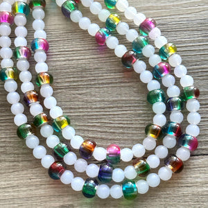 Colorful Kaleidoscope Beaded Necklace, Colorful Jewelry, Chunky statement necklace, big beaded rainbow jewelry white glass collar bib