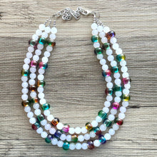 Load image into Gallery viewer, Colorful Kaleidoscope Beaded Necklace, Colorful Jewelry, Chunky statement necklace, big beaded rainbow jewelry white glass collar bib