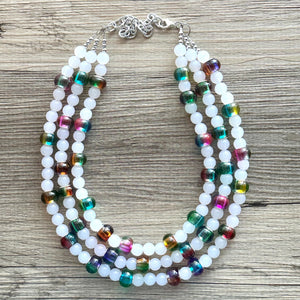 Colorful Kaleidoscope Beaded Necklace, Colorful Jewelry, Chunky statement necklace, big beaded rainbow jewelry white glass collar bib