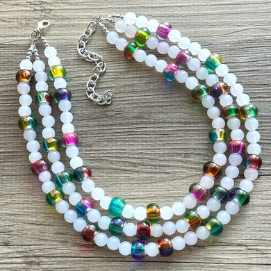 Colorful Kaleidoscope Beaded Necklace, Colorful Jewelry, Chunky statement necklace, big beaded rainbow jewelry white glass collar bib