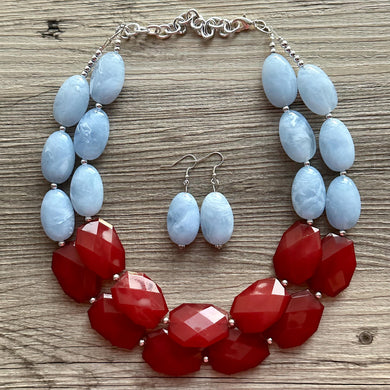 Sky Blue & Maroon Double Strand Statement Necklace, Periwinkle Merlot light blue, earrings drop blue beaded jewery set multi strand sorority