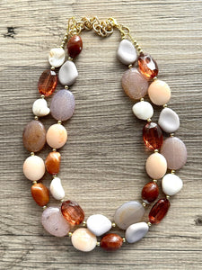 S’more Happy Chunky Statement Necklace, Big beaded jewelry, Double Strand Statement brown bridesmaid wedding cream chocolate gold