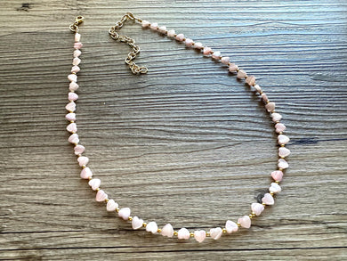 Mother of Pearl Pink Heart Statement Necklace, Skinny Strand Jewelry, Valentines Day jewelry, layering beaded gold shiny