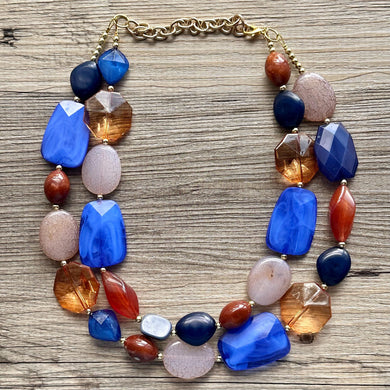 Sedona Sunset Statement Necklace, chunky bib beaded jewelry, blue necklace, light brown beaded aqua royal blue, tan champagne chocolate