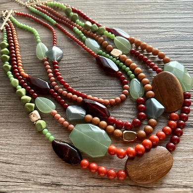 Vintage Vacation statement necklace, chunky bib beaded jewelry 5 strand neutral mint green red wood multi strand brown, Traveler Collection