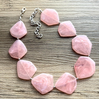 Blush Pink Chunky Statement Necklace, Big beaded jewelry, single strand Statement Necklace, chunky pink bib jewelry earrings