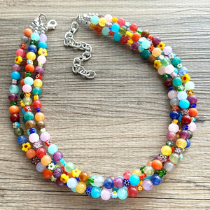 Colorful Millefiori Kaleidoscope Glass Beaded Necklace Jewelry, Chunky statement big beaded rainbow floral pride bubble flower