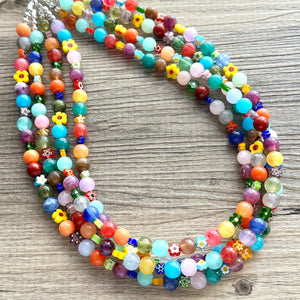 Colorful Millefiori Kaleidoscope Glass Beaded Necklace Jewelry, Chunky statement big beaded rainbow floral pride bubble flower