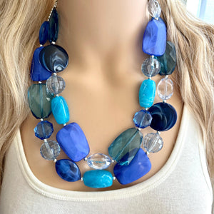 Aquarium Aqua Chunky Statement Necklace, Big beaded jewelry, Double Strand Statement, necklace, navy blue bridesmaid wedding resin