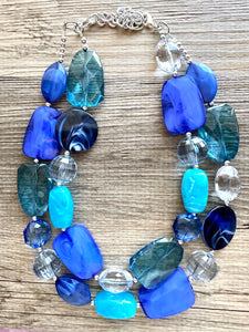 Aquarium Aqua Chunky Statement Necklace, Big beaded jewelry, Double Strand Statement, necklace, navy blue bridesmaid wedding resin