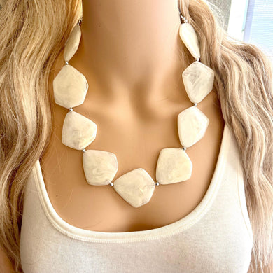 Cream Chunky Statement Necklace, Big beaded jewelry, Single Strand bib bridal bridesmaid wedding silver earrings off white eggshell