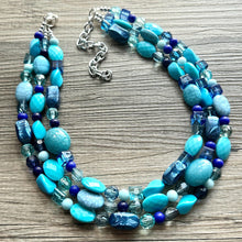 Load image into Gallery viewer, Ocean Blue 3 strand Beaded Statement Necklace, Chunky Bib Multi-Strand Jewelry, blue drop earrings, neutral necklace turquoise aqua navy