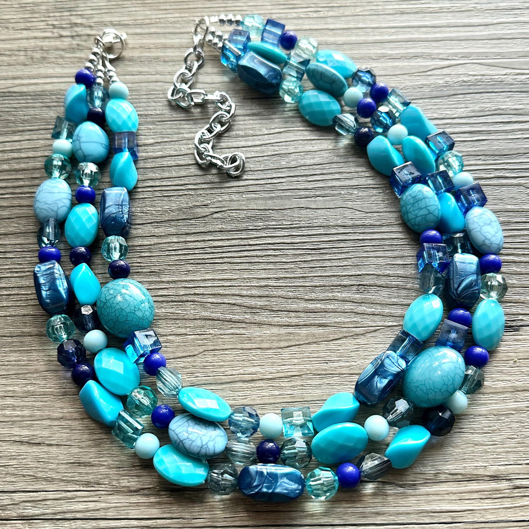 Ocean Blue 3 strand Beaded Statement Necklace, Chunky Bib Multi-Strand Jewelry, blue drop earrings, neutral necklace turquoise aqua navy