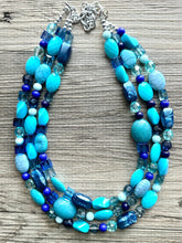 Load image into Gallery viewer, Ocean Blue 3 strand Beaded Statement Necklace, Chunky Bib Multi-Strand Jewelry, blue drop earrings, neutral necklace turquoise aqua navy