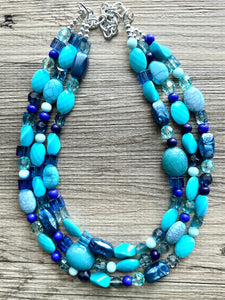 Ocean Blue 3 strand Beaded Statement Necklace, Chunky Bib Multi-Strand Jewelry, blue drop earrings, neutral necklace turquoise aqua navy