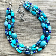 Load image into Gallery viewer, Ocean Blue 3 strand Beaded Statement Necklace, Chunky Bib Multi-Strand Jewelry, blue drop earrings, neutral necklace turquoise aqua navy