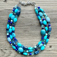 Load image into Gallery viewer, Ocean Blue 3 strand Beaded Statement Necklace, Chunky Bib Multi-Strand Jewelry, blue drop earrings, neutral necklace turquoise aqua navy