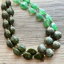 Load image into Gallery viewer, Green Splendor Statement Necklace, Chunky Jewelry Big Beaded Necklace, light green Necklace, olive Jewelry bubble 2 strand gold turquoise