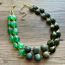 Load image into Gallery viewer, Green Splendor Statement Necklace, Chunky Jewelry Big Beaded Necklace, light green Necklace, olive Jewelry bubble 2 strand gold turquoise