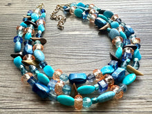 Load image into Gallery viewer, Orange &amp; Blue 3 strand Beaded Statement Necklace, Chunky Bib Multi-Strand Jewelry, blue drop earrings, aqua necklace turquoise aqua navy