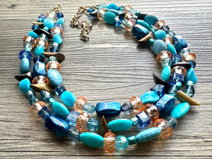 Orange & Blue 3 strand Beaded Statement Necklace, Chunky Bib Multi-Strand Jewelry, blue drop earrings, aqua necklace turquoise aqua navy