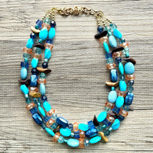 Load image into Gallery viewer, Orange &amp; Blue 3 strand Beaded Statement Necklace, Chunky Bib Multi-Strand Jewelry, blue drop earrings, aqua necklace turquoise aqua navy