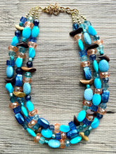 Load image into Gallery viewer, Orange &amp; Blue 3 strand Beaded Statement Necklace, Chunky Bib Multi-Strand Jewelry, blue drop earrings, aqua necklace turquoise aqua navy