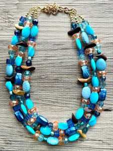 Orange & Blue 3 strand Beaded Statement Necklace, Chunky Bib Multi-Strand Jewelry, blue drop earrings, aqua necklace turquoise aqua navy