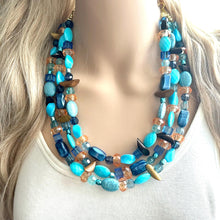 Load image into Gallery viewer, Orange &amp; Blue 3 strand Beaded Statement Necklace, Chunky Bib Multi-Strand Jewelry, blue drop earrings, aqua necklace turquoise aqua navy