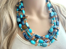 Load image into Gallery viewer, Orange &amp; Blue 3 strand Beaded Statement Necklace, Chunky Bib Multi-Strand Jewelry, blue drop earrings, aqua necklace turquoise aqua navy