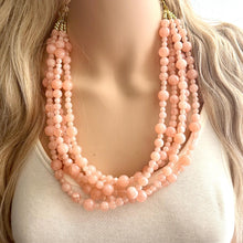 Load image into Gallery viewer, Peachy Pink 5 strand statement Necklace, coral bubble Beaded Necklace, summer gold jewelry, collar bib thick wedding resin swirl