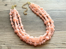 Load image into Gallery viewer, Peachy Pink 5 strand statement Necklace, coral bubble Beaded Necklace, summer gold jewelry, collar bib thick wedding resin swirl