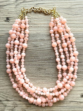 Load image into Gallery viewer, Peachy Pink 5 strand statement Necklace, coral bubble Beaded Necklace, summer gold jewelry, collar bib thick wedding resin swirl