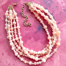 Load image into Gallery viewer, Peachy Pink 5 strand statement Necklace, coral bubble Beaded Necklace, summer gold jewelry, collar bib thick wedding resin swirl