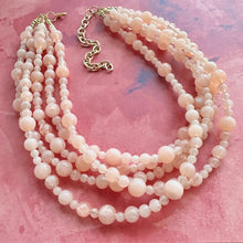 Load image into Gallery viewer, Peachy Pink 5 strand statement Necklace, coral bubble Beaded Necklace, summer gold jewelry, collar bib thick wedding resin swirl